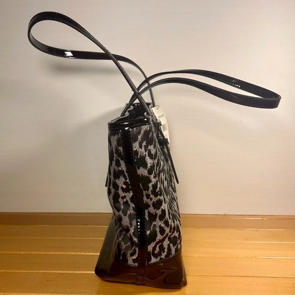 Nine West Glitter Mob Tote Purse Bag Leopard Print w/ Black Patent Trim New! - Picture 4 of 9